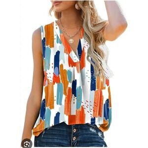 MIDOSOO Sleeveless Top Abstract Print Chic V-Neck Casual Tank Top Size L NWT‎